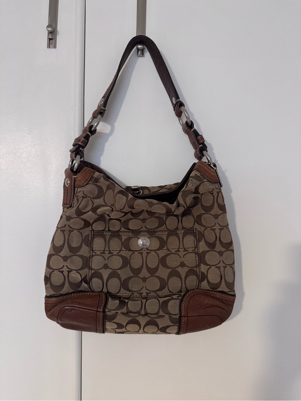 Coach Brown Signature Canvas Hobo with Leather Trim
